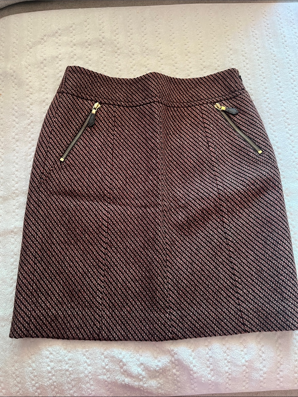 Ann Taylor Burgundy Textured Pencil Skirt with Gold Zippers